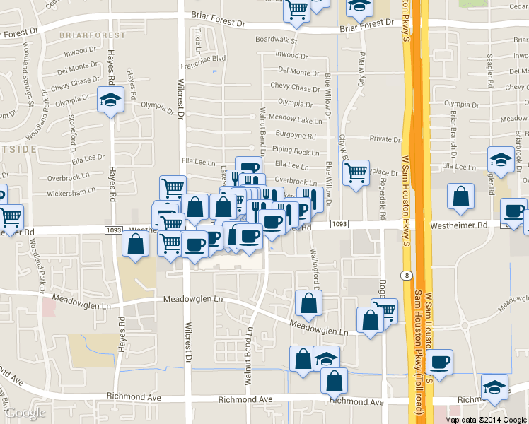 map of restaurants, bars, coffee shops, grocery stores, and more near 2625 Walnut Bend Lane in Houston