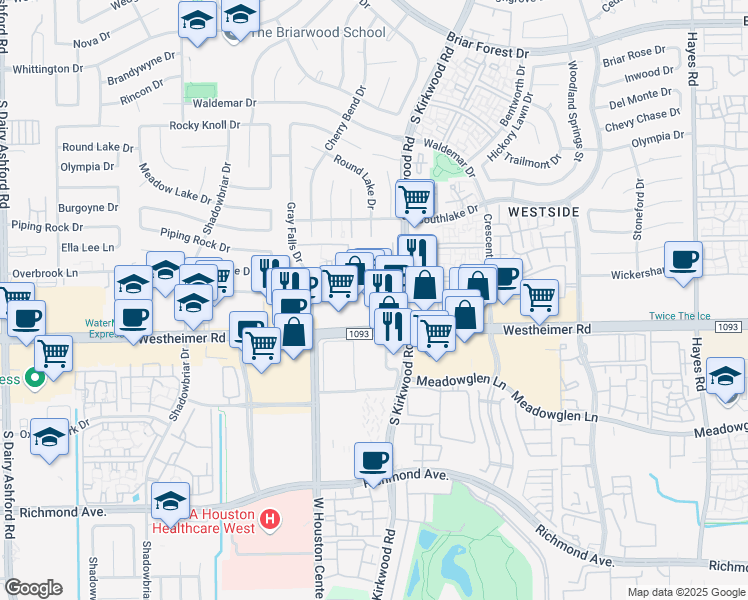 map of restaurants, bars, coffee shops, grocery stores, and more near 11920 Westheimer Road in Houston