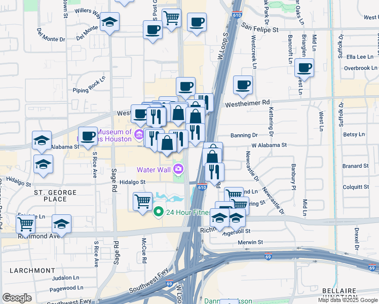 map of restaurants, bars, coffee shops, grocery stores, and more near 2801 Post Oak Boulevard in Houston