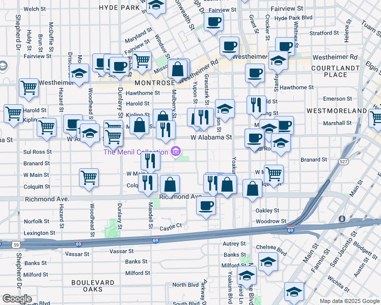 map of restaurants, bars, coffee shops, grocery stores, and more near 3900 Yupon Street in Houston