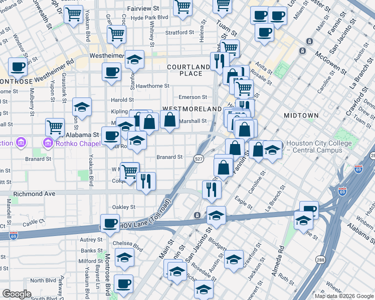 map of restaurants, bars, coffee shops, grocery stores, and more near 3900 Milam Street in Houston