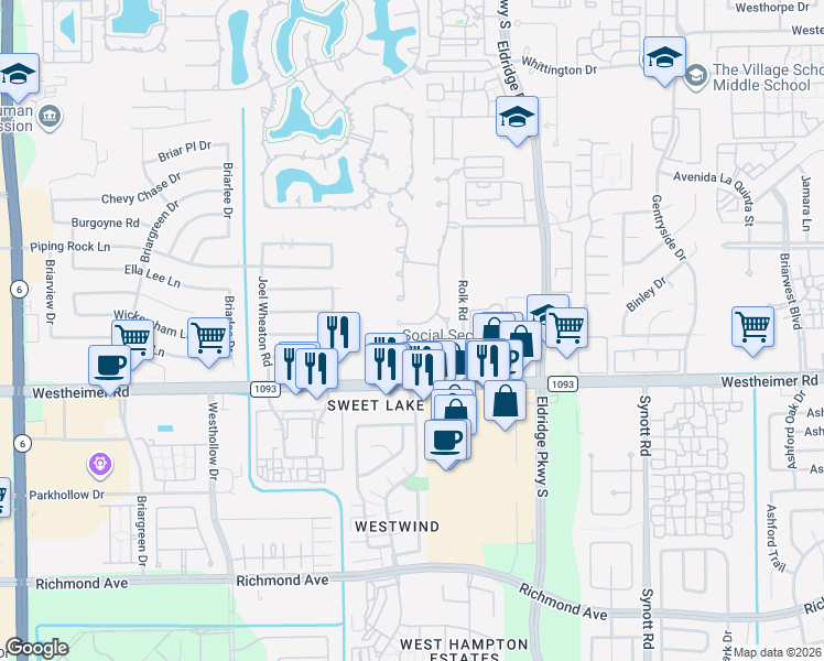 map of restaurants, bars, coffee shops, grocery stores, and more near 2439 Camden Creek Lane in Houston
