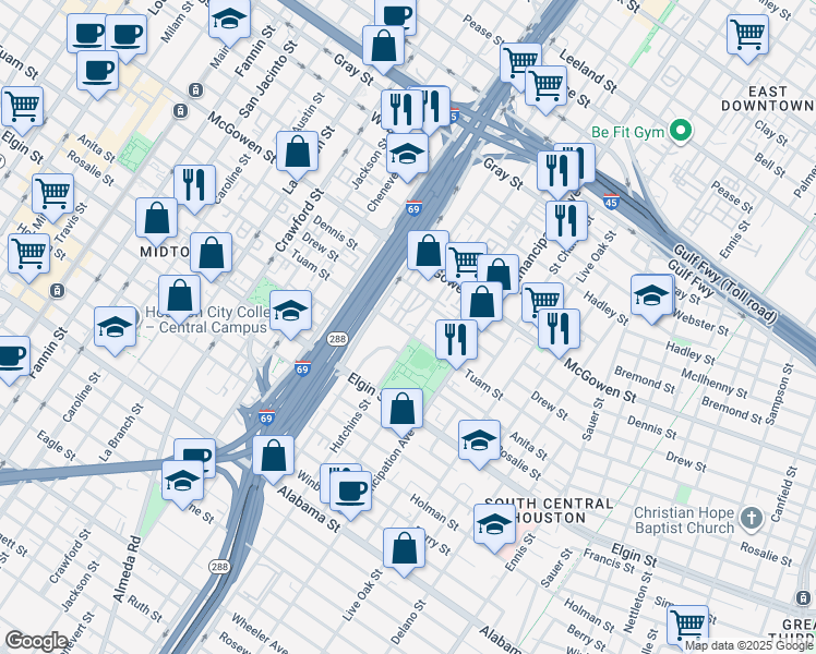 map of restaurants, bars, coffee shops, grocery stores, and more near 2121 Tuam Street in Houston