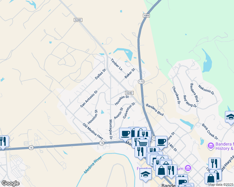 map of restaurants, bars, coffee shops, grocery stores, and more near 167 Beaumont Street in Bandera