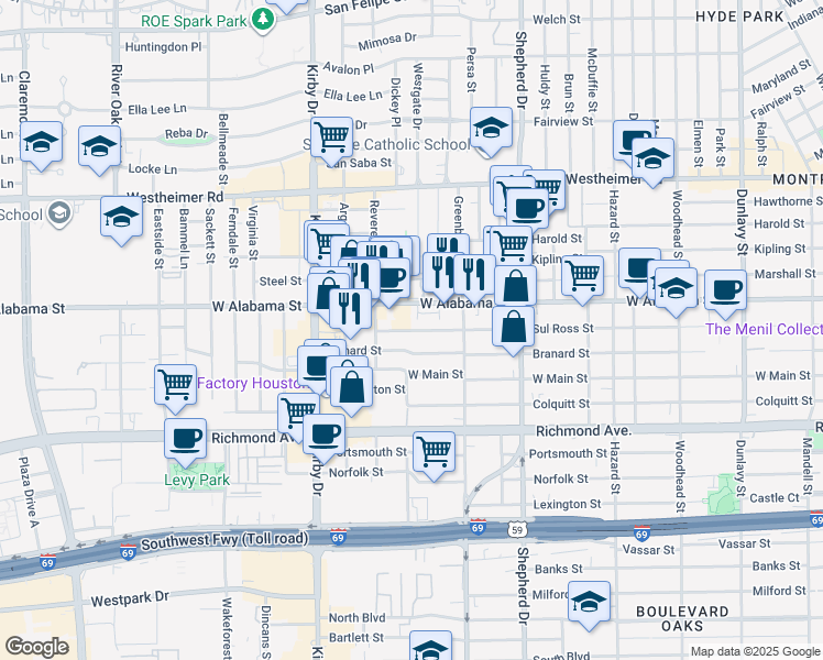 map of restaurants, bars, coffee shops, grocery stores, and more near 2252 Sul Ross Street in Houston