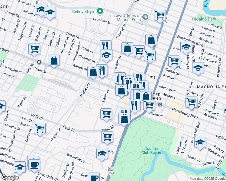 map of restaurants, bars, coffee shops, grocery stores, and more near 6601 Texas Street in Houston