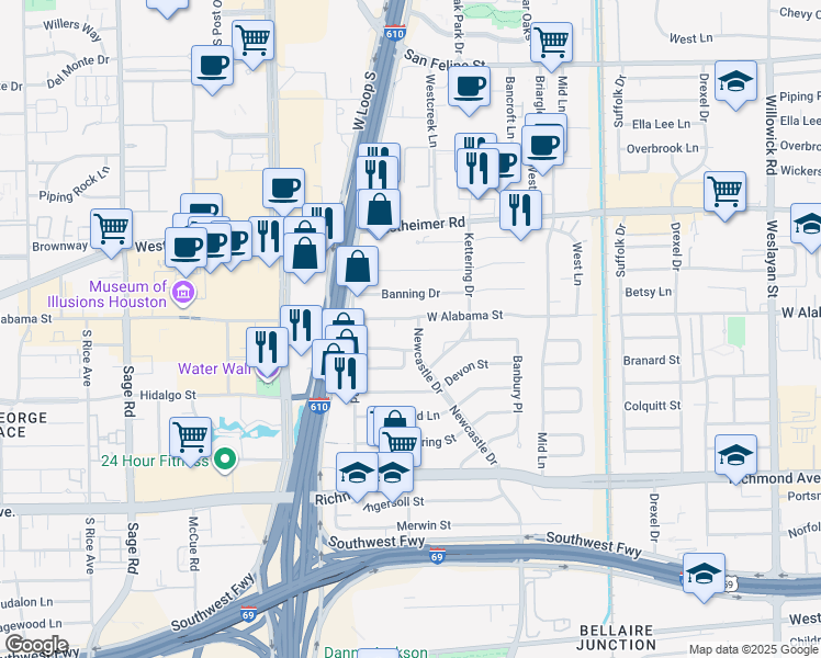 map of restaurants, bars, coffee shops, grocery stores, and more near 3106 Newcastle Drive in Houston