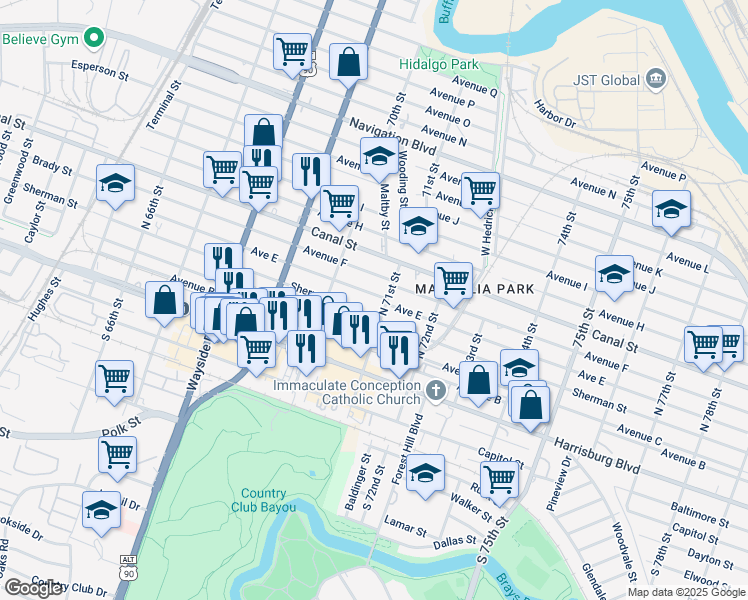 map of restaurants, bars, coffee shops, grocery stores, and more near 7044 Avenue E in Houston