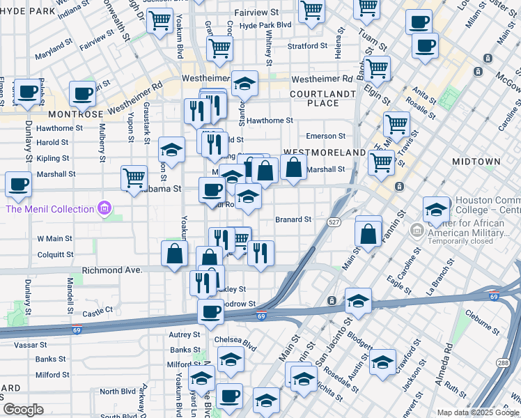 map of restaurants, bars, coffee shops, grocery stores, and more near 619 Sul Ross Street in Houston