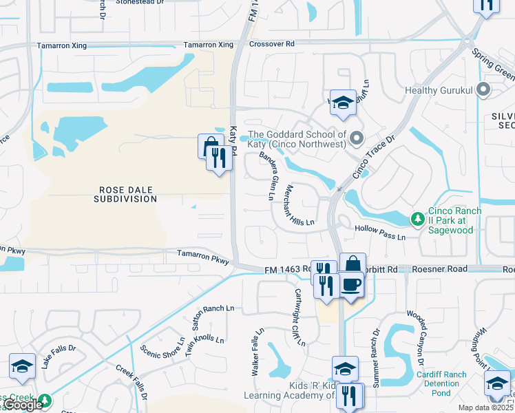 map of restaurants, bars, coffee shops, grocery stores, and more near 27814 Ramble Rock Court in Katy