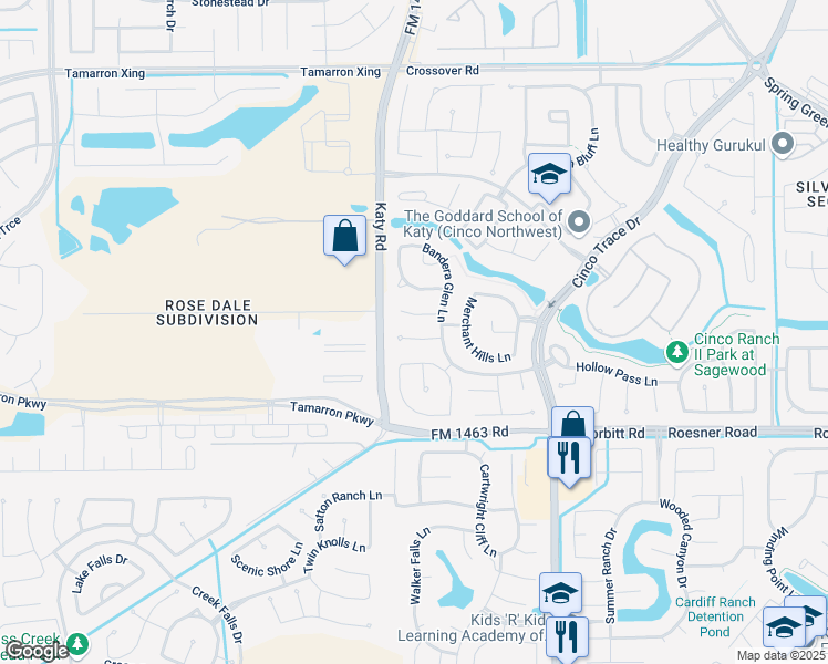 map of restaurants, bars, coffee shops, grocery stores, and more near 27814 Ramble Rock Court in Katy