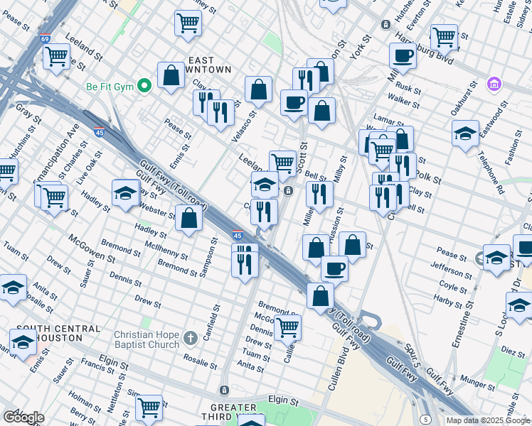 map of restaurants, bars, coffee shops, grocery stores, and more near in Houston