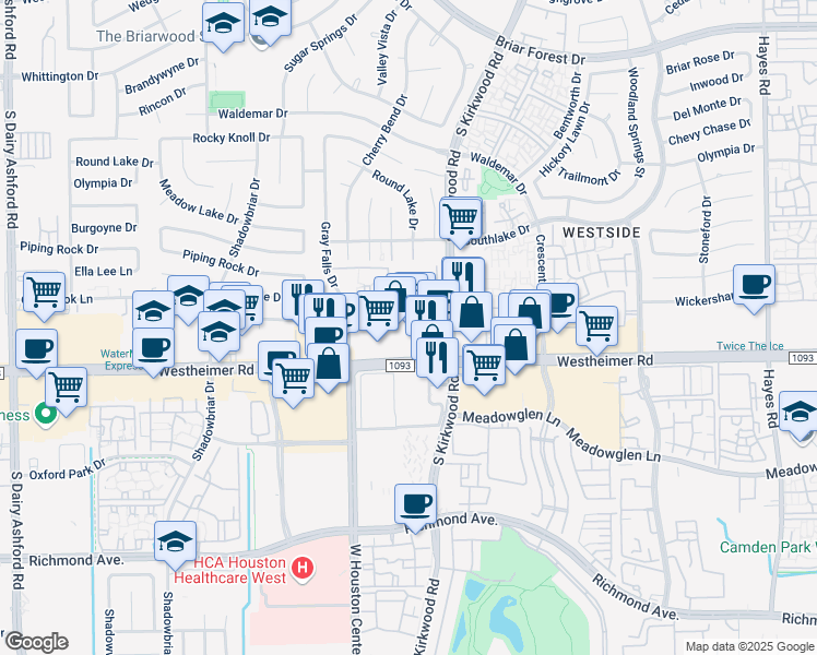 map of restaurants, bars, coffee shops, grocery stores, and more near 11920 Westheimer Road in Houston