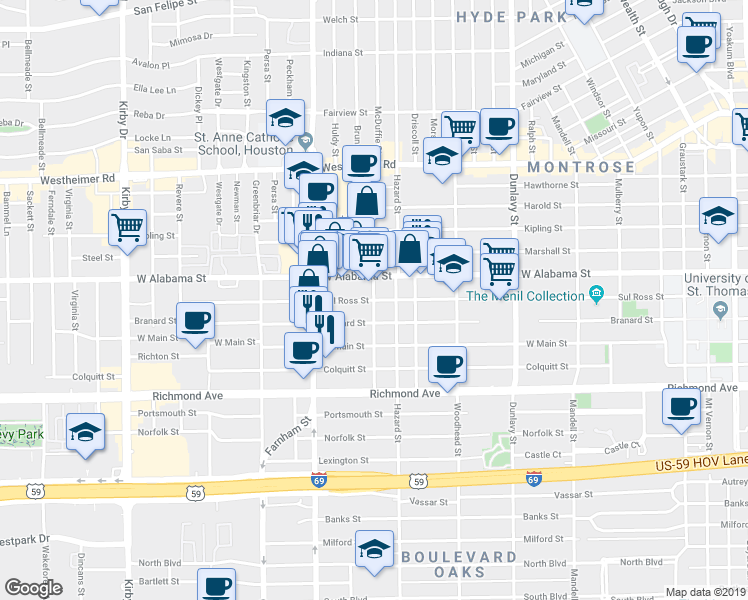 map of restaurants, bars, coffee shops, grocery stores, and more near Sul Ross Street & McDuffie Street in Houston