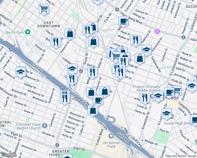 map of restaurants, bars, coffee shops, grocery stores, and more near 1704 Hussion Street in Houston
