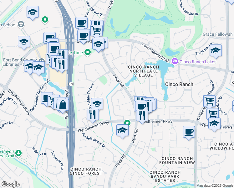 map of restaurants, bars, coffee shops, grocery stores, and more near 3219 Brinton Trails Lane in Katy