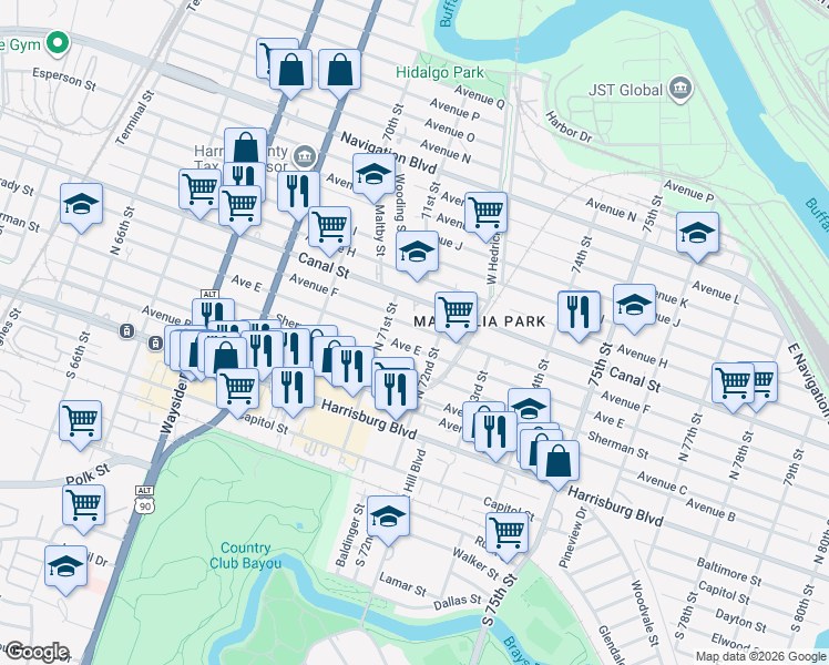 map of restaurants, bars, coffee shops, grocery stores, and more near 7117 Avenue E in Houston