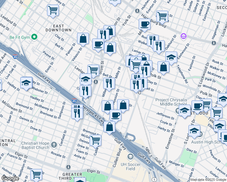 map of restaurants, bars, coffee shops, grocery stores, and more near 1704 Hussion Street in Houston