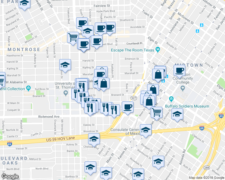 map of restaurants, bars, coffee shops, grocery stores, and more near 510 Branard Street in Houston