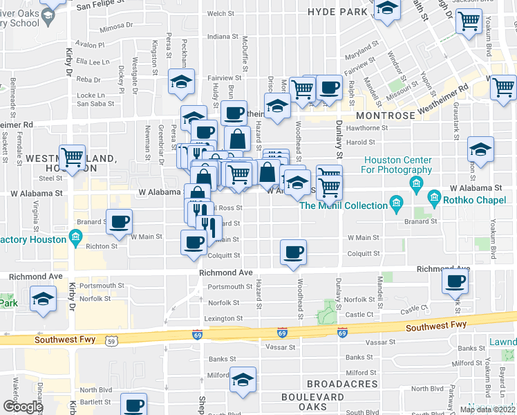map of restaurants, bars, coffee shops, grocery stores, and more near Hazard St & Sul Ross St in Houston