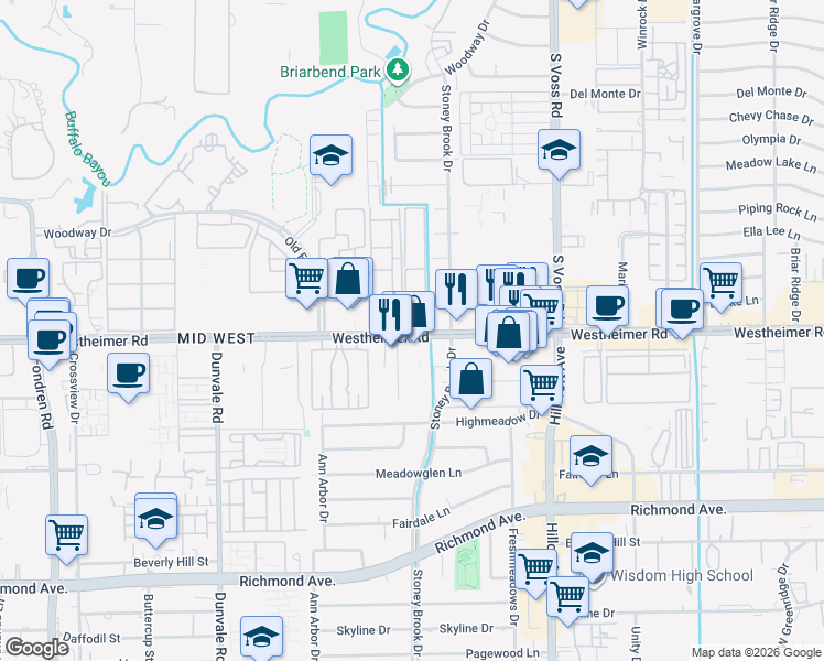 map of restaurants, bars, coffee shops, grocery stores, and more near 7900 Westheimer Road in Houston