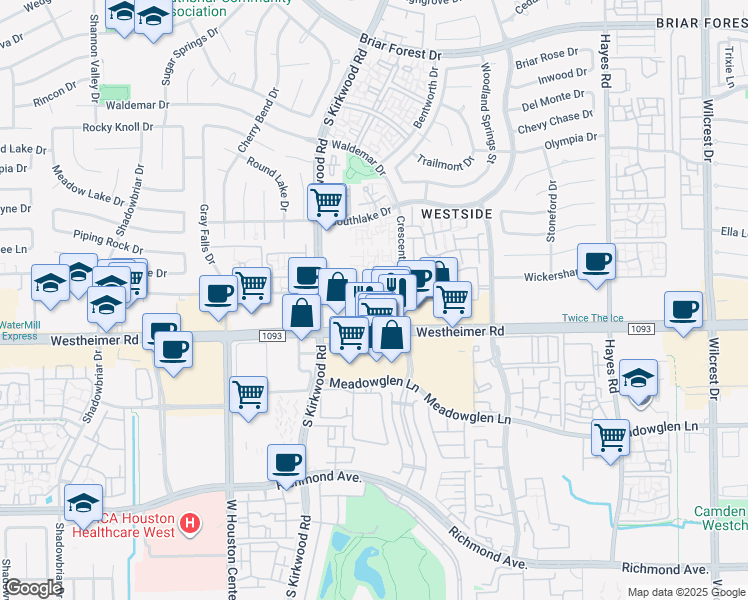 map of restaurants, bars, coffee shops, grocery stores, and more near 11770 Westheimer Road in Houston