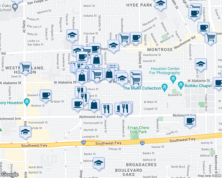 map of restaurants, bars, coffee shops, grocery stores, and more near Sul Ross St & Driscoll St in Houston