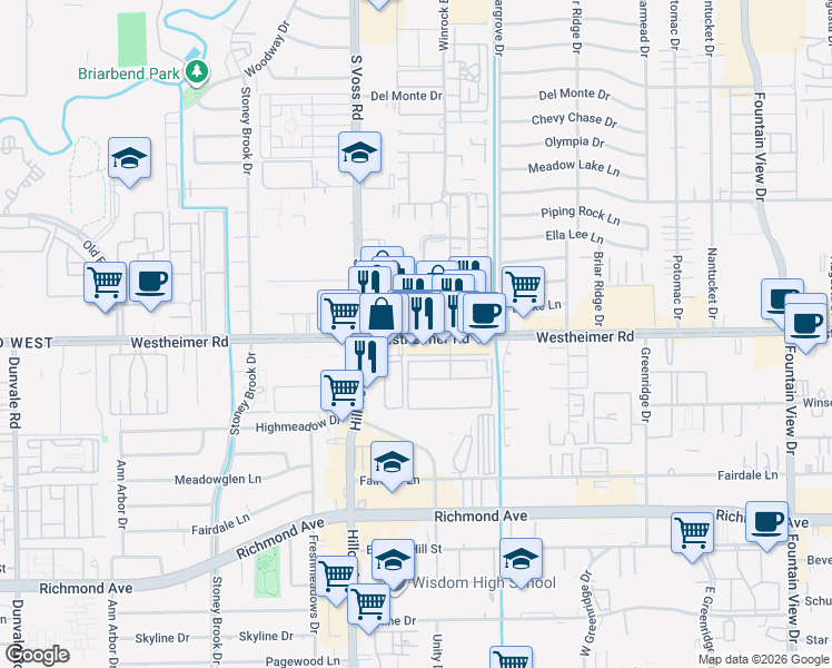 map of restaurants, bars, coffee shops, grocery stores, and more near 6506 Westheimer Road in Houston