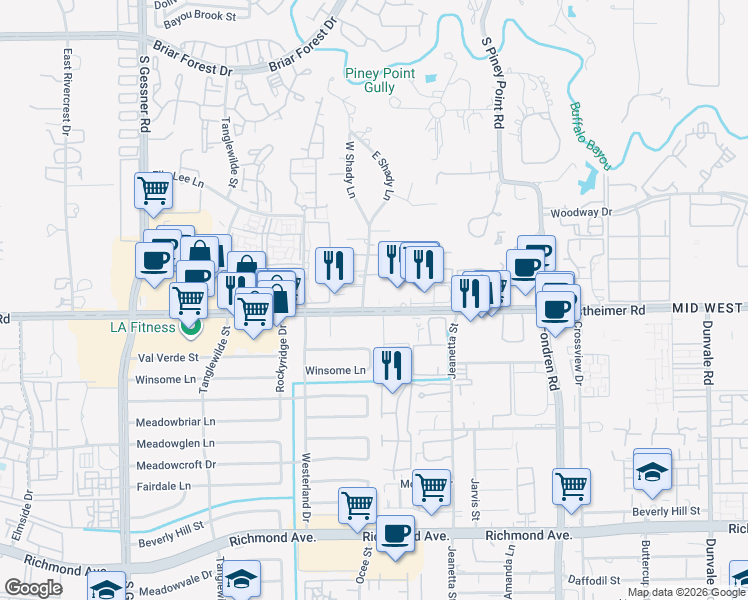map of restaurants, bars, coffee shops, grocery stores, and more near 9400 Westheimer Road in Houston