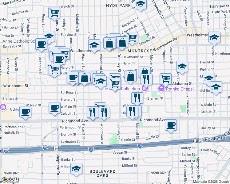 map of restaurants, bars, coffee shops, grocery stores, and more near 1701 West Alabama Street in Houston