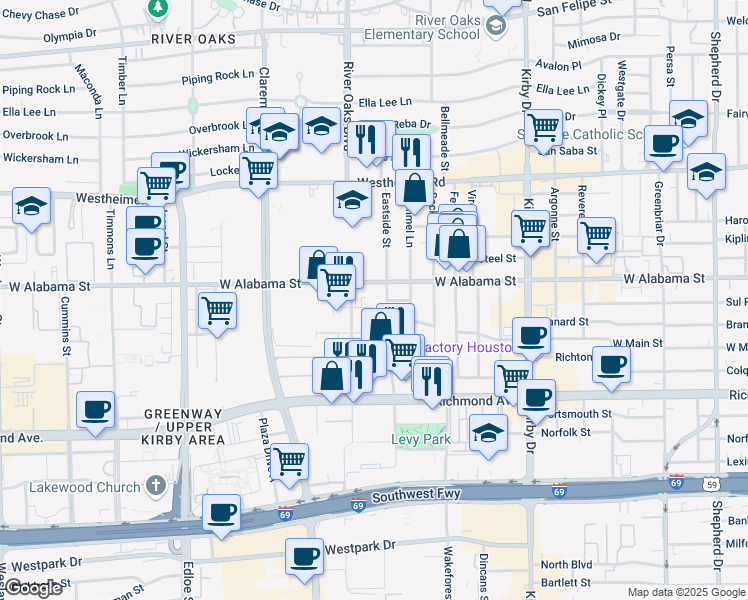 map of restaurants, bars, coffee shops, grocery stores, and more near 3131 Eastside Street in Houston