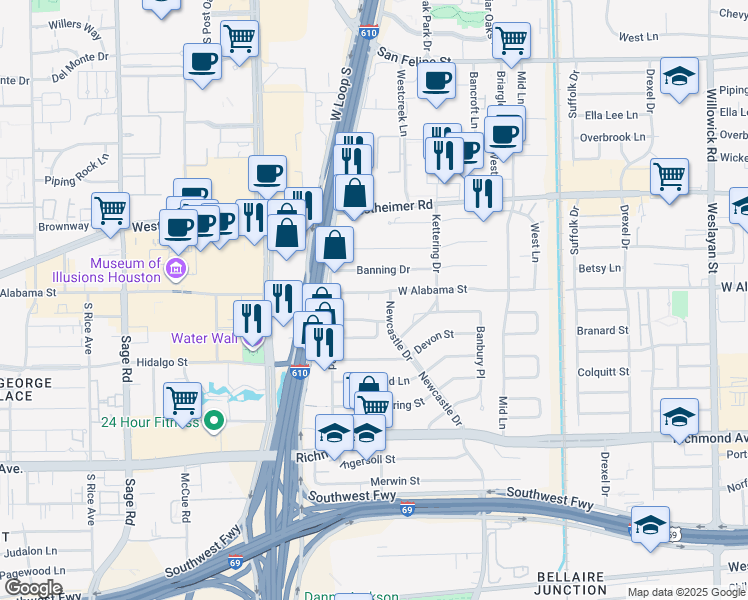 map of restaurants, bars, coffee shops, grocery stores, and more near 4711 West Alabama Street in Houston