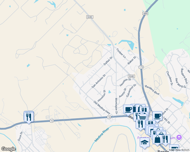 map of restaurants, bars, coffee shops, grocery stores, and more near 280 Dallas Street in Bandera