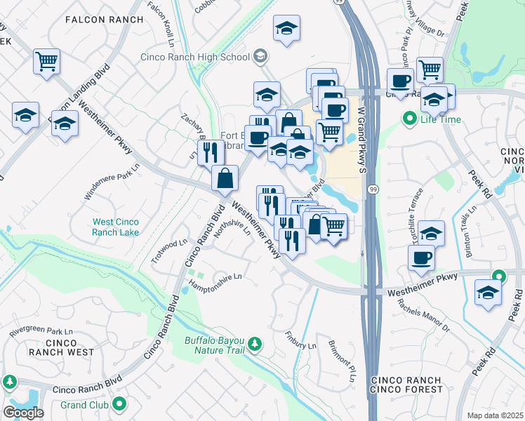 map of restaurants, bars, coffee shops, grocery stores, and more near 24024 Westheimer Parkway in Katy