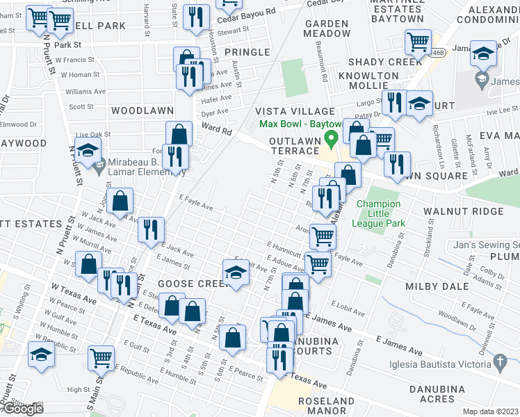 map of restaurants, bars, coffee shops, grocery stores, and more near 422 Aron Street in Baytown