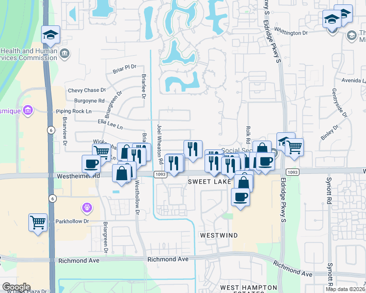 map of restaurants, bars, coffee shops, grocery stores, and more near 13722 Wickersham Lane in Houston