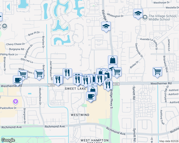 map of restaurants, bars, coffee shops, grocery stores, and more near 2407 Camden Creek Lane in Houston