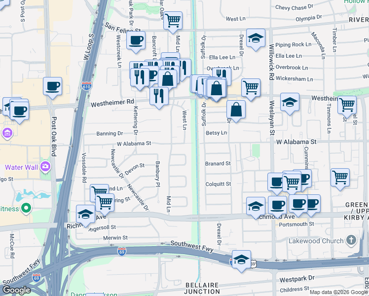 map of restaurants, bars, coffee shops, grocery stores, and more near 8 Lana Lane in Houston