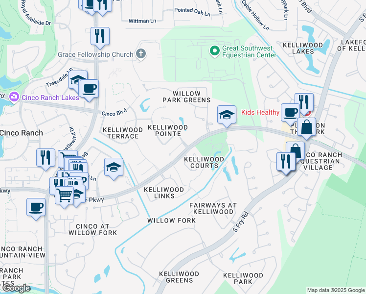map of restaurants, bars, coffee shops, grocery stores, and more near 64 Kelliwood Court Circle in Katy