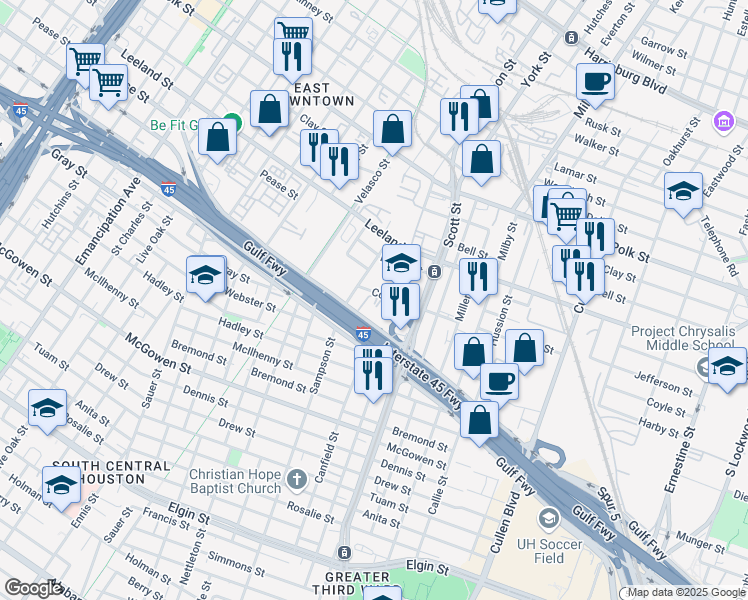 map of restaurants, bars, coffee shops, grocery stores, and more near 3407 Gulf Freeway in Houston