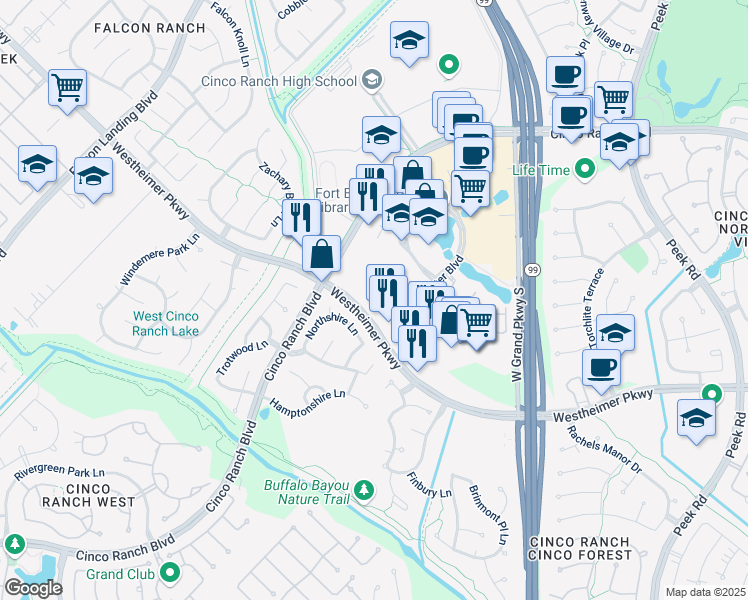 map of restaurants, bars, coffee shops, grocery stores, and more near 24024 Westheimer Parkway in Katy