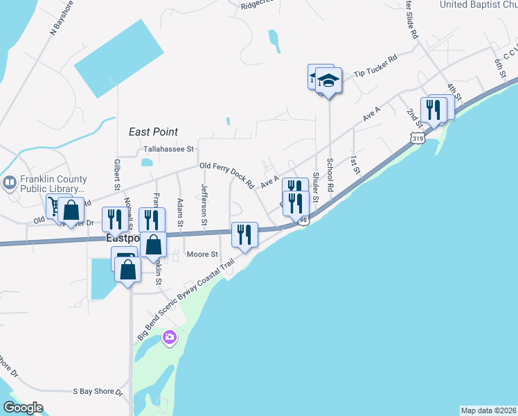 map of restaurants, bars, coffee shops, grocery stores, and more near 339 U.S. 98 in Eastpoint