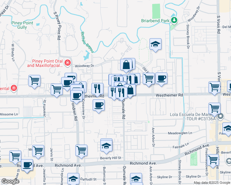 map of restaurants, bars, coffee shops, grocery stores, and more near 8550 Farm to Market 1093 in Houston
