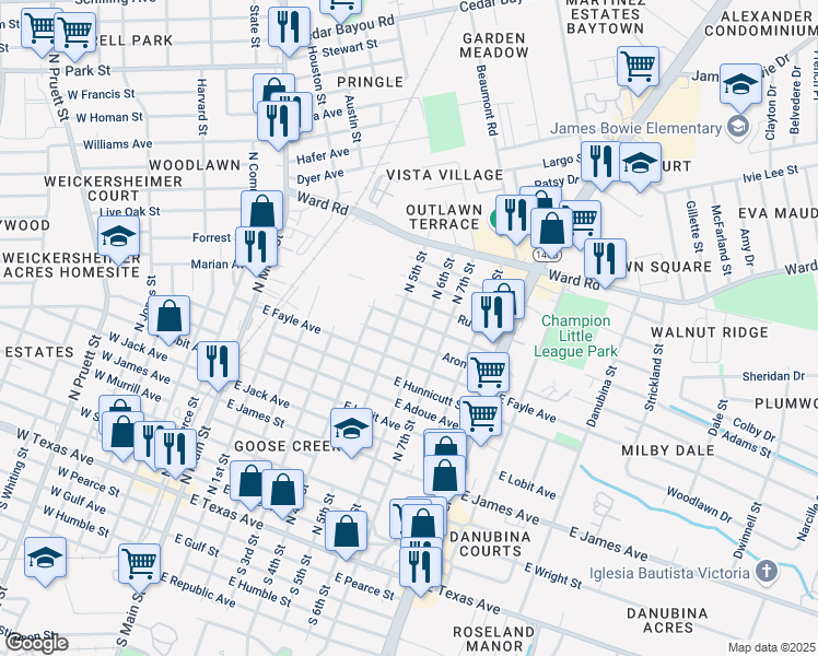 map of restaurants, bars, coffee shops, grocery stores, and more near 504 Aron Street in Baytown