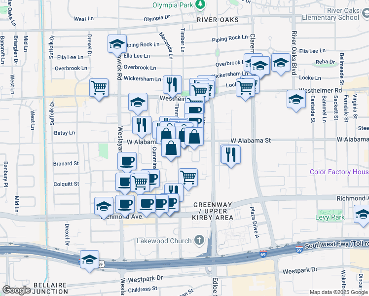 map of restaurants, bars, coffee shops, grocery stores, and more near 3637 West Alabama Street in Houston