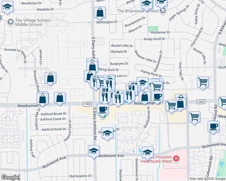 map of restaurants, bars, coffee shops, grocery stores, and more near 12400 Overbrook Ln in Houston