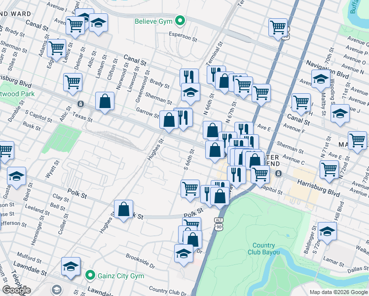 map of restaurants, bars, coffee shops, grocery stores, and more near 222 South 66th Street in Houston