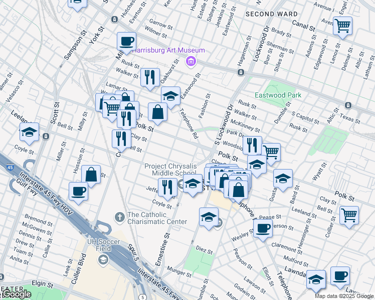 map of restaurants, bars, coffee shops, grocery stores, and more near 4428 Clay Street in Houston