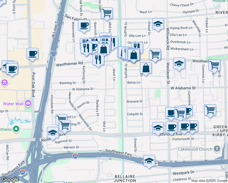 map of restaurants, bars, coffee shops, grocery stores, and more near 8 Lana Lane in Houston