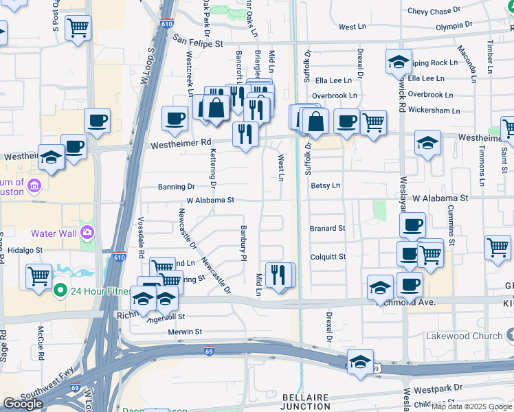 map of restaurants, bars, coffee shops, grocery stores, and more near 3006 Mid Lane in Houston
